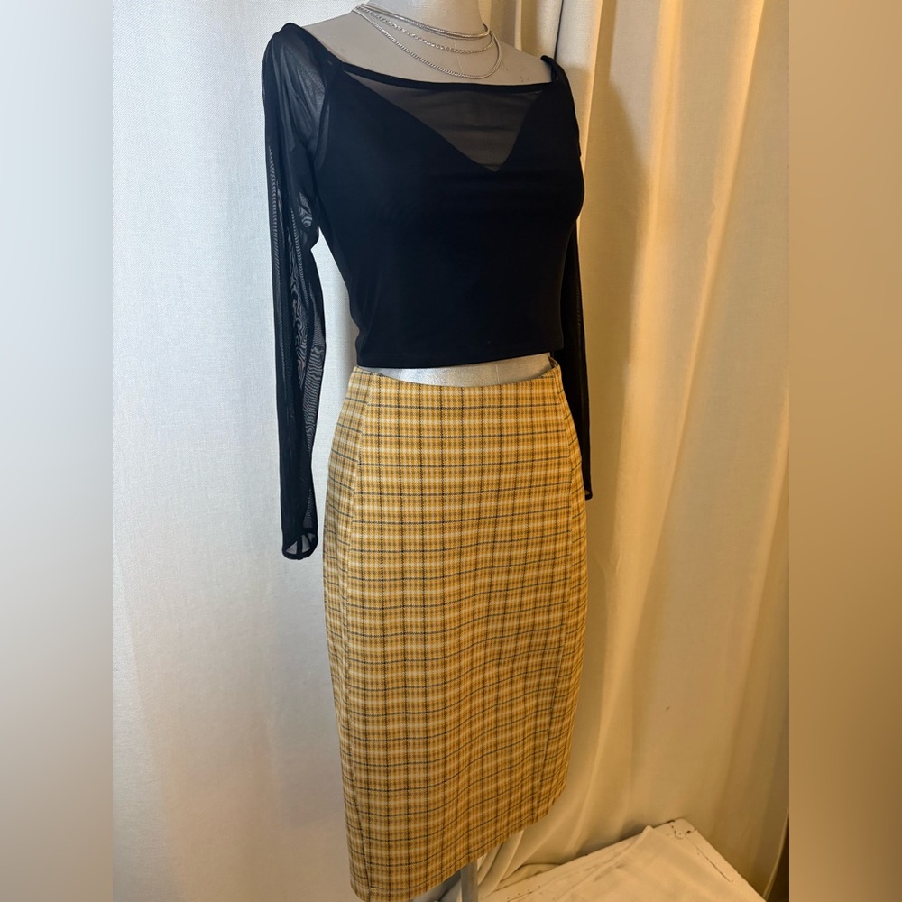 Liverpool Los Angeles Bia Knit Plaid Pencil Skirt Gold Tan   Nylon Spandex Sz 8
